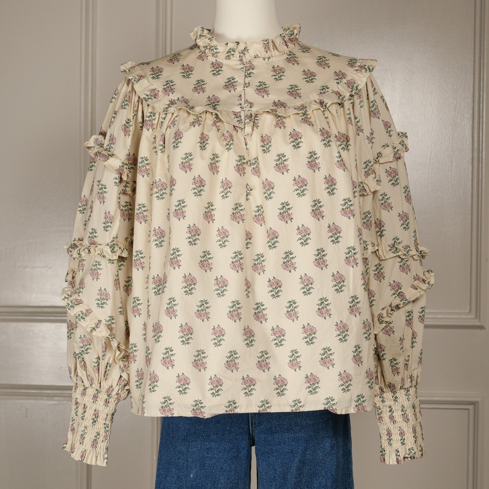 Aureum Floral Ruffle Blouse Womens Medium Cream Pink Victorian Smocked Top M